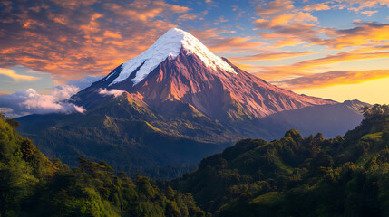 Majestic mountain scene showcasing a snow-capped peak at sunrise, surrounded by tranquil skies and lush landscapes. Whispering Peak. Illustration