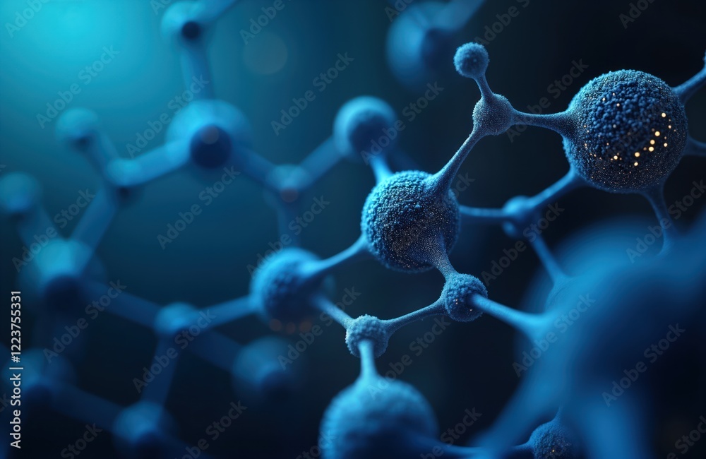 Poster Abstract dark blue futuristic geometric molecules form intricate network. Complex tech structure. Visualizes data flows, connections in digital world. Advanced tech design concepts. Modern tech