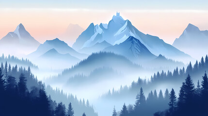 Fototapeta premium Mountain castle foggy view. Whispering Peak. Illustration
