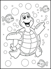 Illustration of a cute baby turtle cartoon character. Black and white Printable underwater coloring page for kids.
