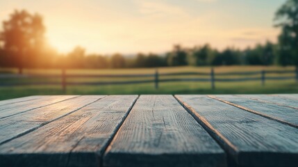 Empty rustic wooden table with blurred farm background at sunset