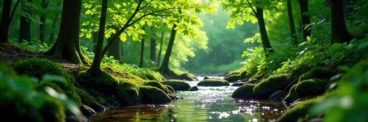Small trees with green leaves in a forest stream, woodland, growth