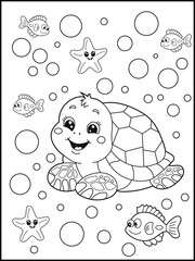 Illustration of a cute baby turtle cartoon character. Black and white Printable underwater coloring page for kids.

