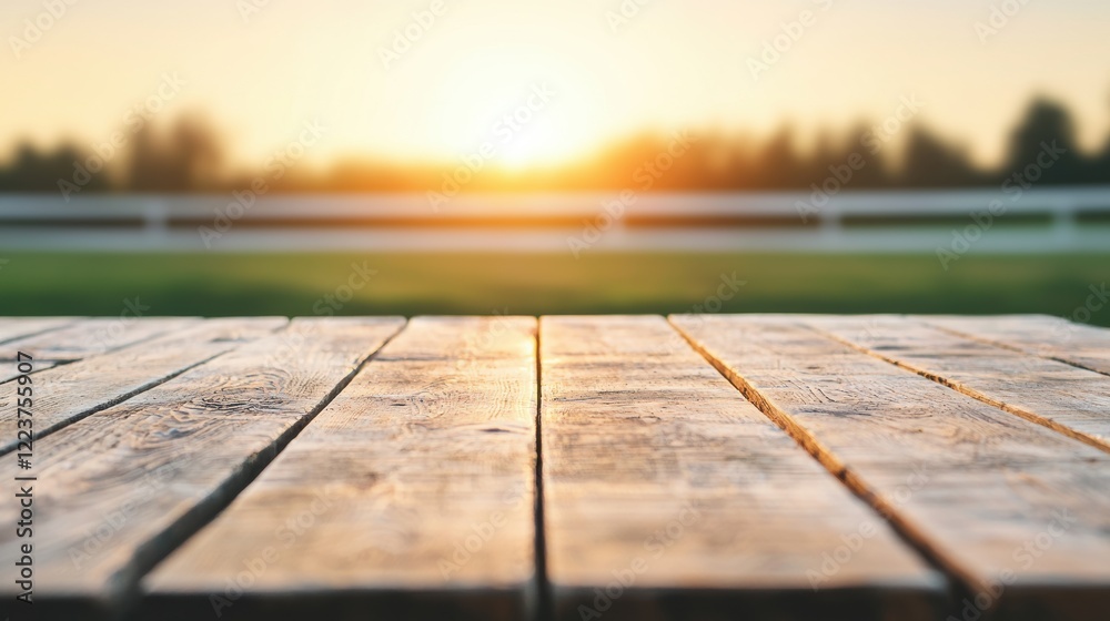 Poster empty wooden table overlooking farm at sunset creating serene background