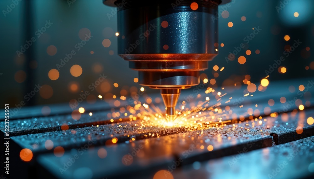 Poster CNC milling machine cuts metal creating sparks. Precision machining process generates vibrant sparks. Industrial manufacturing scene. Modern technology, metalwork. Close-up view of high tech