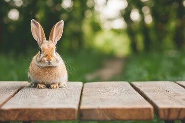 Cute rabbit sitting on wooden table in forest