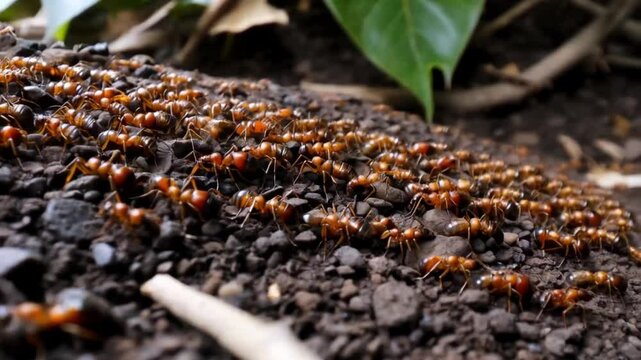 Organized row of ants catching their food toward the ant heap.