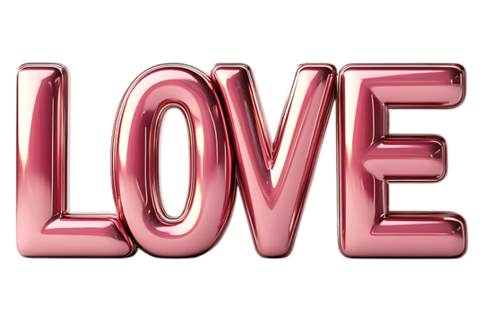 LOVE pink inscription in shiny metal style isolated. LOVE balloons, valentine's day, decor for a loved one. Generated with AI.