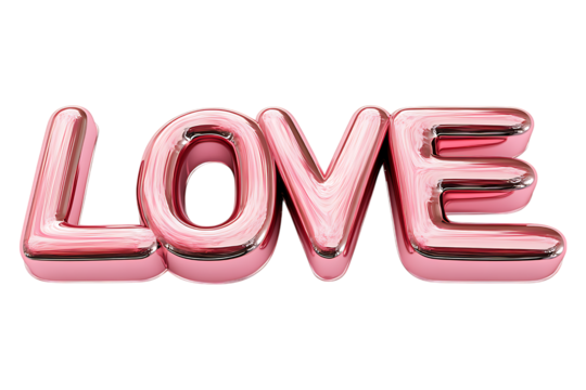 LOVE pink inscription in shiny metal style isolated. LOVE balloons, valentine's day, decor for a loved one. Generated with AI.