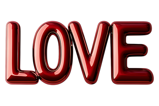 LOVE red inscription in shiny metal style isolated. LOVE balloons, valentine's day, decor for a loved one. Generated with AI.