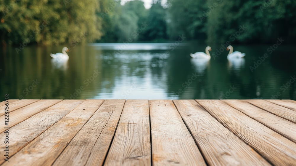Aufkleber empty wooden table overlooking lake with swans in background