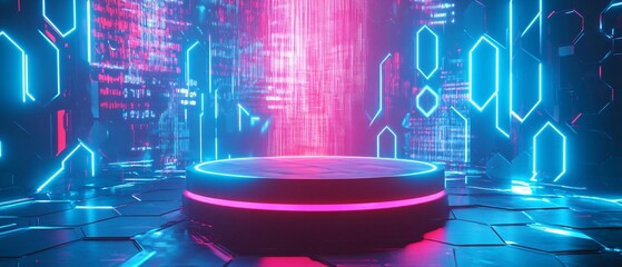 Holographic Technology Podium with Digital Streams of Data and Hexagonal Pattern. Copy space. Generative AI 