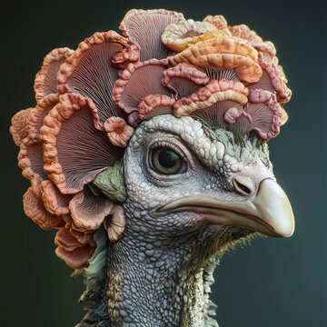 Fantastical Bird with Fungal Crown and Textured Features