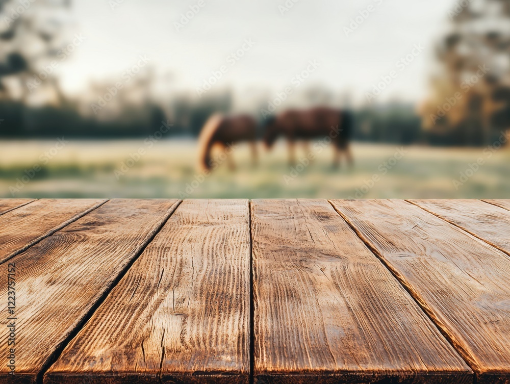 Poster empty wooden table overlooking horses grazing in a field