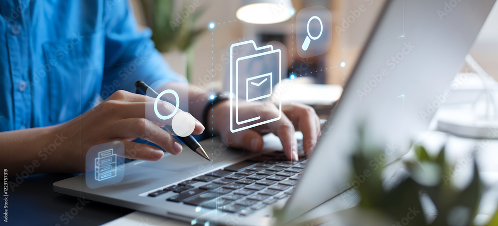 Poster Streamlining Workflow: Businessman Efficiently Managing Documents and Files in a Modern Digital Document Management System. Software, Database, Online File     