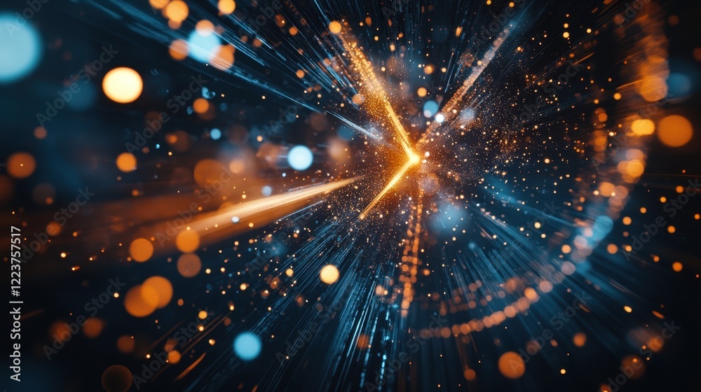 Poster abstract light speed motion background displaying orange and blue particles converging towards the c