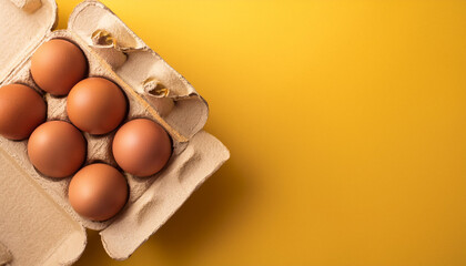 A carton of brown eggs on a yellow background. The eggs are arranged neatly in the carton.