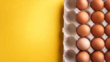 A carton of brown eggs on a yellow background. The eggs are arranged neatly in the carton.