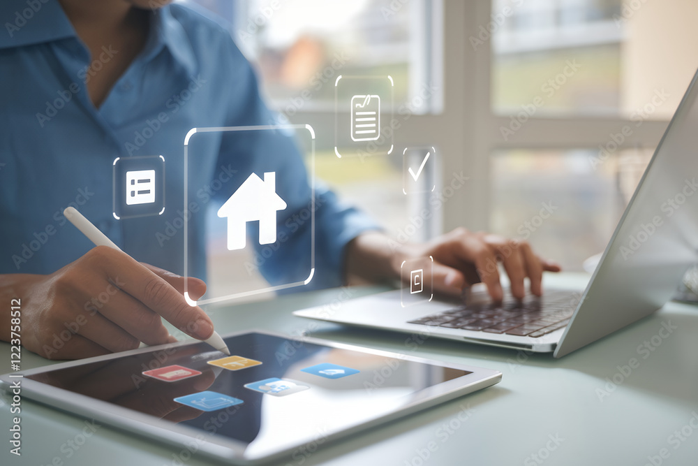 Poster streamlining real estate: digital property management on tablet, interactive checklists, housing ico