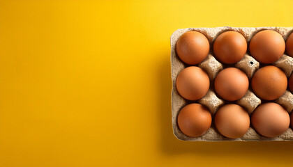 A carton of brown eggs on a yellow background. The eggs are arranged neatly in the carton.