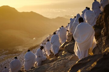 Pilgrims in white robes ascending rocky mountain during Hajj at sunrise, symbolizing spirituality and devotion
