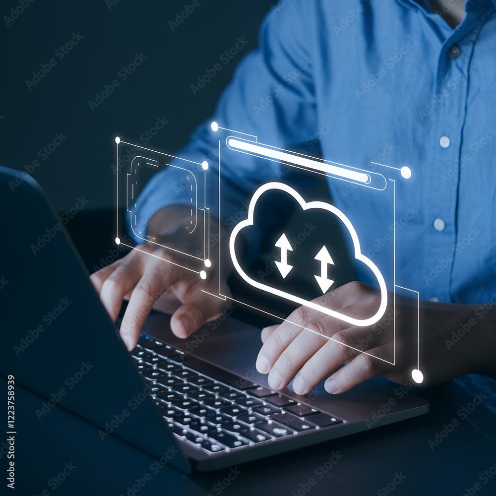 Poster Digital Transformation: Businessman Downloads and Uploads Data via Glowing Cloud Computing Network. Modern technology, data transfer, information flow, and     