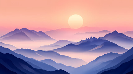 Obraz premium Enchanting castle on misty mountain peaks at dawn. Whispering Peak. Illustration