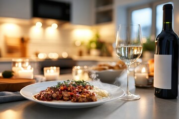 Fototapeta premium A beautifully arranged dinner plate with steam rising, a glass of white wine, and candles creating a warm ambiance for a luxurious dining experience at home.