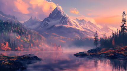 Ethereal alpine sunrise whispers gentle warmth, as morning mist wraps majestic mountain peaks, and tranquil alpine lakes shimmer, reflecting the vibrant colors. Whispering Peak. Illustration