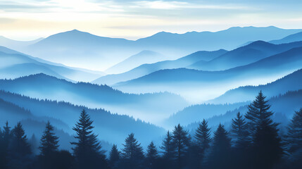 Fototapeta premium Ethereal blue hues dance across serene mountain peaks, surrounding tranquil forests with gentle whispers of mist and verdant greenery. Whispering Peak. Illustration
