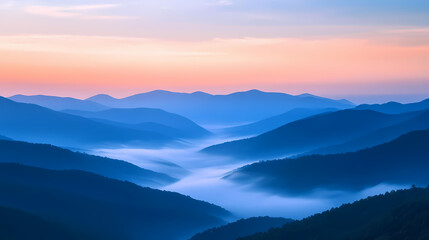 In the tranquil dawn, a misty mountain valley awakens with soft light and ethereal fog, crafting a serene landscape that whispers calm and beauty. Whispering Peak. Illustration