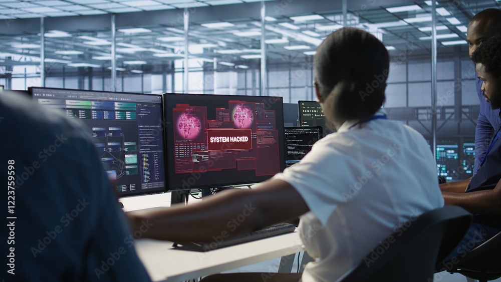 Poster team of engineers in server hub trying to protect gear from hacker stealing sensitive information. d