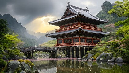 Fototapeta premium japanese temple surrounded in nature and sakura