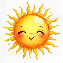 Cute smiling sun illustration. Watercolor style happy sun with cheerful face, eyelashes. Joyful cartoon sun represents summer spring. Fun, lighthearted illustration evokes happiness, warmth. Perfect