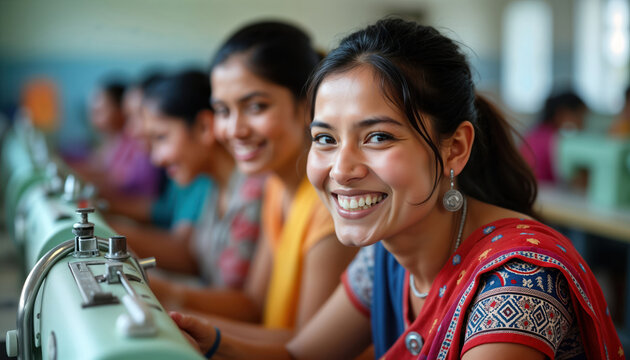 Young women smile operating sewing machines in garment factory. Happy workers produce clothing in vibrant workshop. Indian women sew clothes with precision, joy. Textile production in progress. - Powered by Adobe