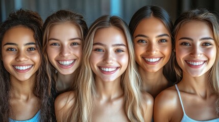 Obraz premium Five young women stand side by side, displaying cheerful smiles. Their diverse hair textures and hues highlight the joyful atmosphere in a well-lit indoor space