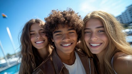Three friends are posing joyfully outdoors by a marina, showcasing bright smiles against a clear blue sky while enjoying the warmth of a sunny day