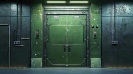 Futuristic Green Metal Door in a Sci Fi Corridor