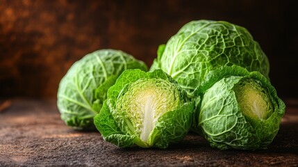 Fototapeta premium Four vibrant green cabbages with textured leaves are displayed on a wooden table. Soft, warm lighting enhances their freshness and natural color