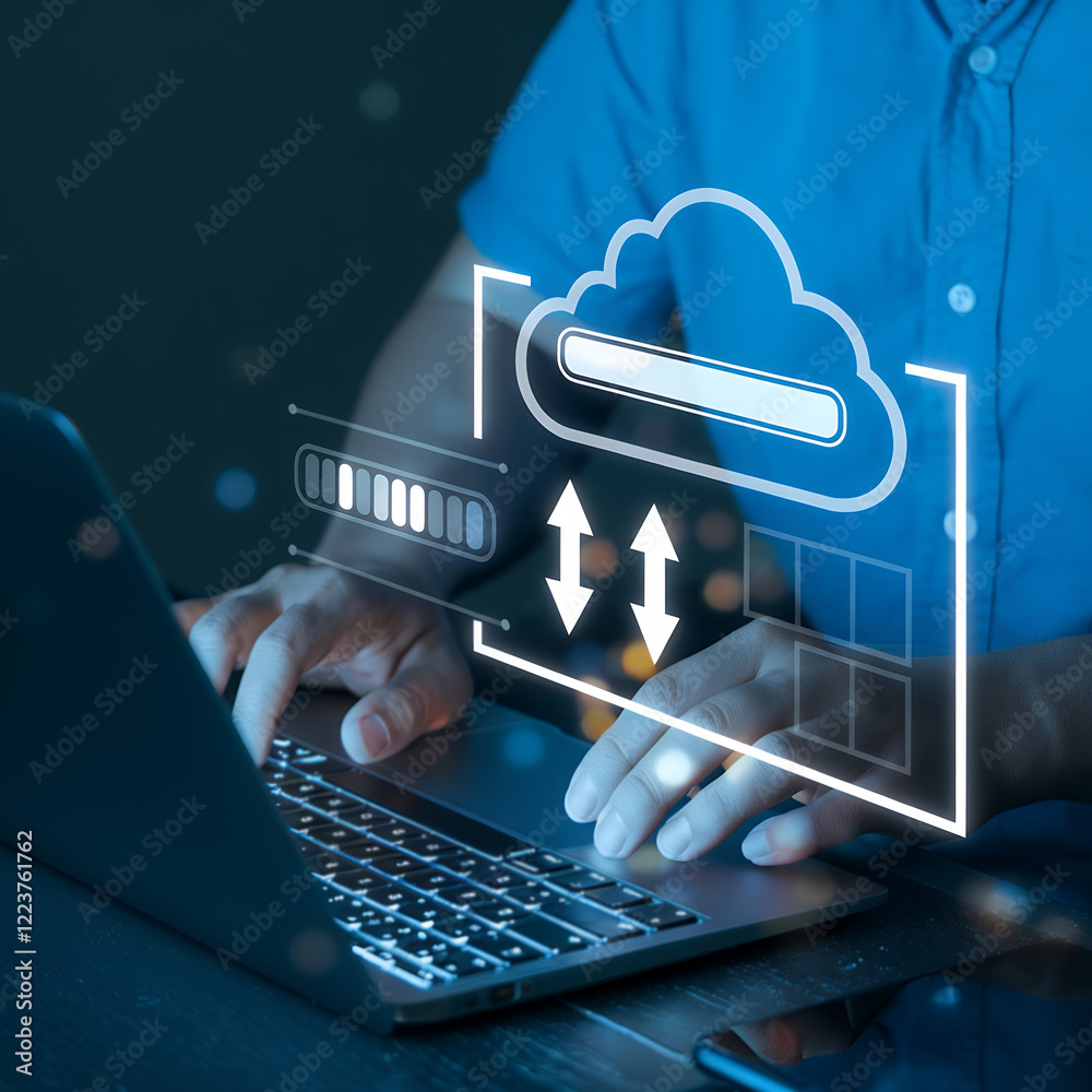 Aufkleber Digital Transformation: Businessman Downloads and Uploads Data via Glowing Cloud Computing Network, Innovative Technology Concept for Data Transfer and System  