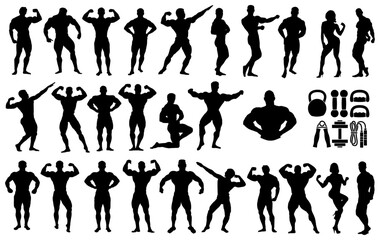 Strength in Silhouette: Dynamic collection of diverse bodybuilders and fitness icons in strong postures with various workout equipment representing physical strength, health, and dedication.