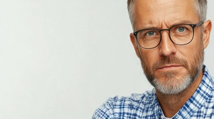 Obraz premium A middle-aged man with a well-groomed beard and glasses stares directly at the viewer, exuding confidence. He wears a blue and white checked shirt against a plain background