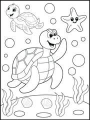 Illustration of a cute baby turtle cartoon character. Black and white Printable underwater coloring page for kids.
