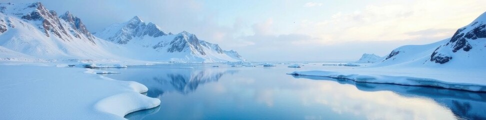 Snow-covered Arctic landscape with frozen lakes, snow, icy