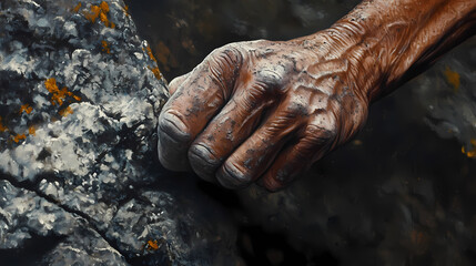 Obraz premium Hyper-realistic close-up of a climberas hand gripping a rocky ledge, with dirt, sweat, and tension captured in vivid detail. Wild Ridge. Illustration