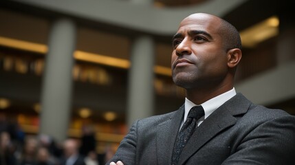 Fototapeta premium A well-dressed man stands with arms crossed, exuding confidence while observing a corporate event in a contemporary venue with an engaged audience around him