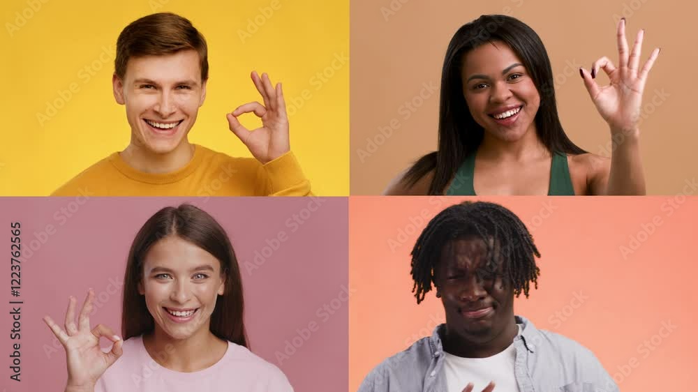 Poster A collection of four individuals displays cheerful gestures and expressions against colorful backgrounds. Each person showcases happiness and positivity, making a lively presentation.