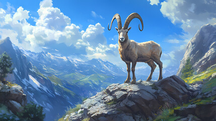 Majestic alpine ibex mountain goat with curved horns stands proudly on a rocky mountain ridge, surrounded by lush greenery and a panoramic alpine landscape. Wild Ridge. Illustration