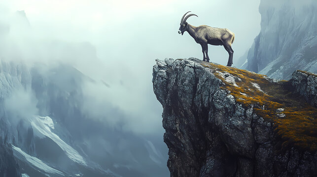 Majestic wild goat on mountain ledge rugged terrain dramatic lighting misty background wildlife photography style. majestic ridge. illustration. Wild Ridge. Illustration