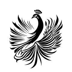 Majestic Peacock: Black and White Bird Illustration, Elegant and Ornate Feather Design, Nature-Inspired Graphic Art